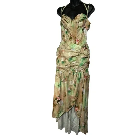 Floral Ruched Bustier Corset Dress Maxi Yellow Green Rose Print Evening Formal - Picture 3 of 3